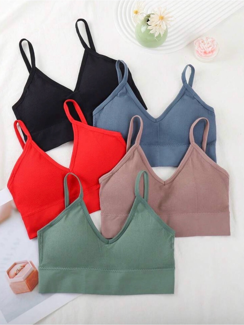 FULL SET Seamless Ribbed V-Neck Bralette — Black, Red, Blue, Green, Taupe